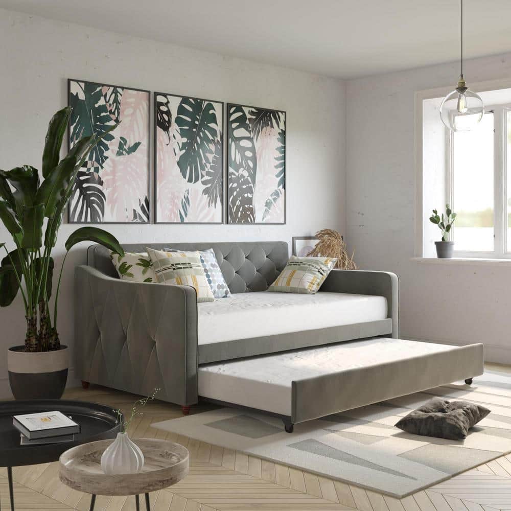 Twin Gray Velvet Upholstered Daybed with Tufted Backrest