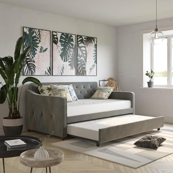 Vintage Gray Upholstered Twin Daybed and Twin Trundle Set