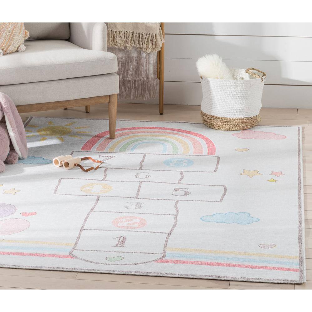 Kids Rainbow Hopscotch Playmat Rug 5' x 7' Synthetic