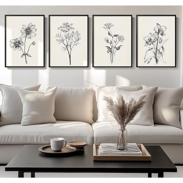Unbranded 4-Piece Framed Black and White Floral Wall Art Set - Minimalist Canvas Prints for Living Room, Hallway and Bedroom Decor