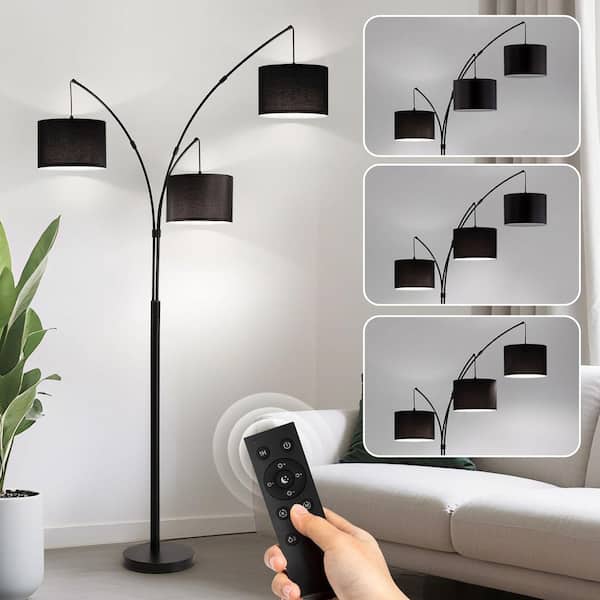 80" Black 3-Light Standard Arched Floor Lamp, Dimmable 3-Color Temperature Remote Control, Stylish Tall Tree Floor Lamps