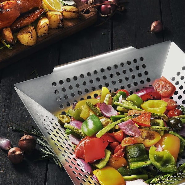 Heavy Duty 304-Stainless Steel Grill Basket Non-Stick Evenly Cook Veggies, Seafood, Meat, Rust-Resistant and Easy Clean
