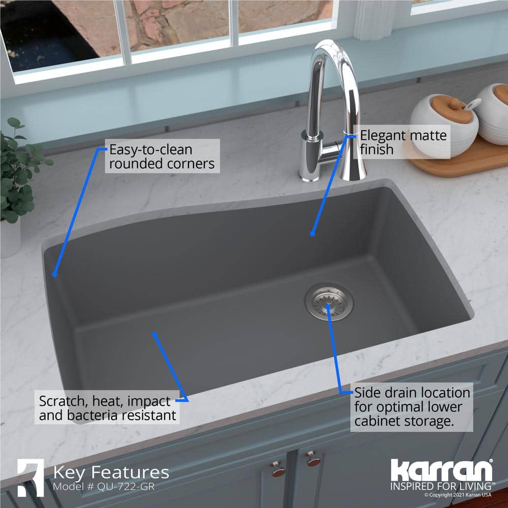 Gray Quartz Composite Single Bowl Undermount Kitchen Sink