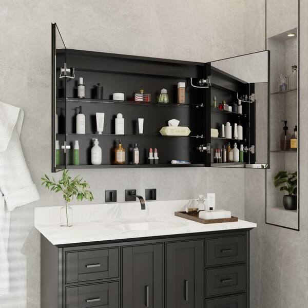 ExBrite 36 in. W x 26 in. H Rectangular Silver Aluminum Recessed/Surface Mount Dimmable Medicine Cabinet with Mirror LED
