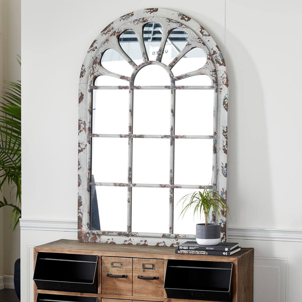 White Distressed Wood Arched Windowpane Wall Mirror