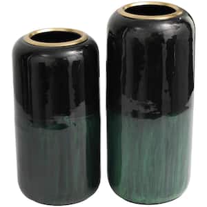 Green Colorblock Metal Abstract Decorative Vase with Paint Streak Designs and Gold Accents (Set of 2)