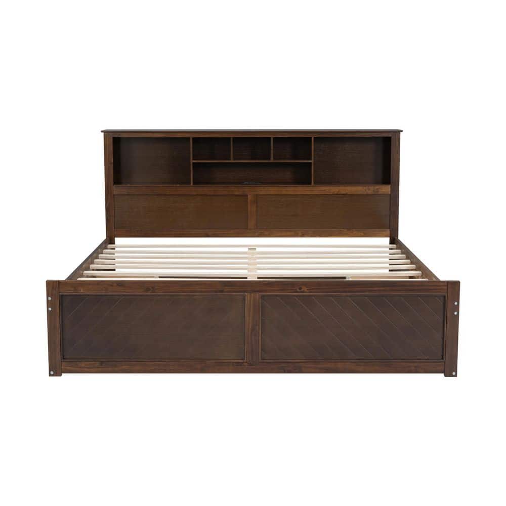 Eric Brown Wood Frame King Size Platform Bed with Storage Headboard, Charging Station, 2 Drawers, Shelves, Antique Wood - thumbnail 3