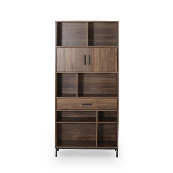 Noble House Fuller 67.25 in. Walnut Wood 8-Shelf Standard Bookcase with Drawers
