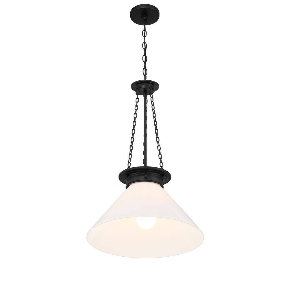 Matte Black and White Glass 1-Light Pendant with Adjustable Chain