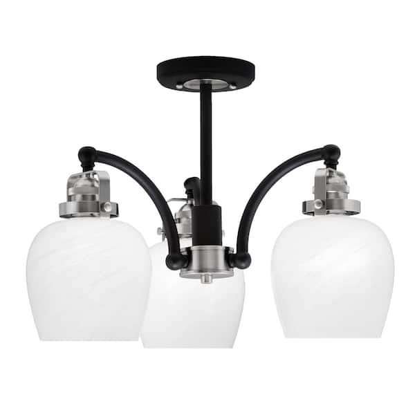 Unbranded Decatur 16.5 in. 3 Light Black and Nickel Semi-Flush with 6 in. White Marble Glass Shades No blulbs included