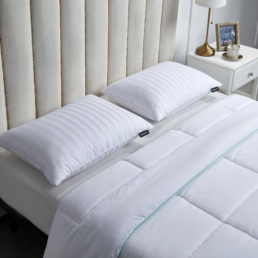 King Size White Damask Stripe Goose Feather Down Pillow Set