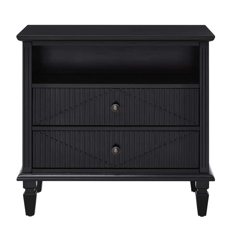 HOMEFUN Modern Black Solid Wood 2 Drawers Nightstand with Charging