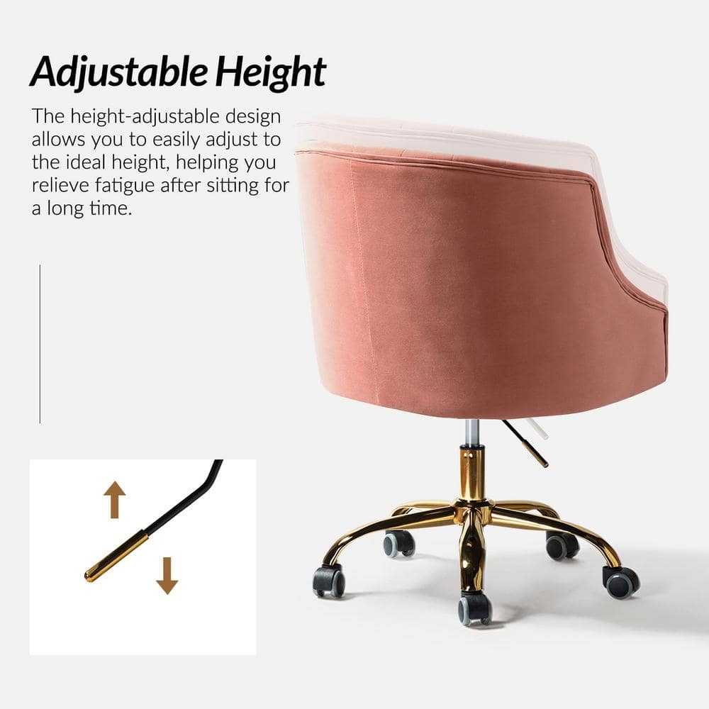 Ergonomic Pink Velvet Swivel Office Chair with Gold Metal Legs