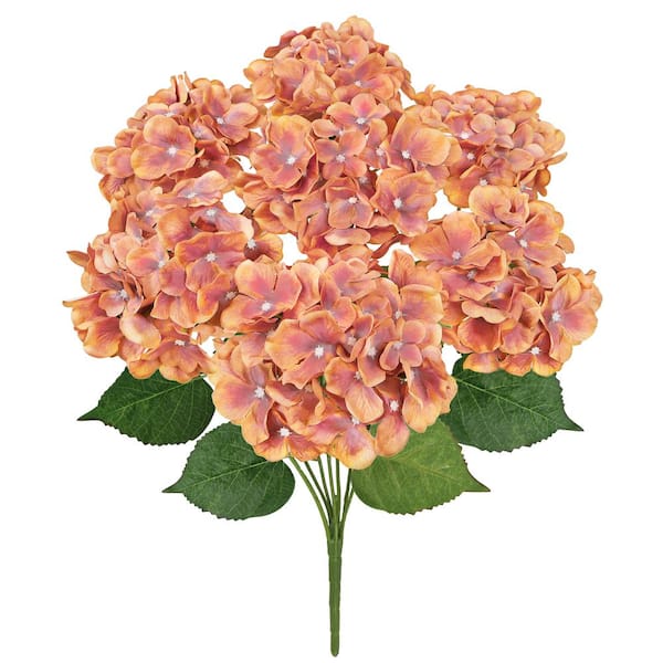 LIVING LUXURY 20 in. Deluxe Natural-Look Orange Cafe Artificial Hydrangea Flower Stem Bush Bouquet (Set of 2)