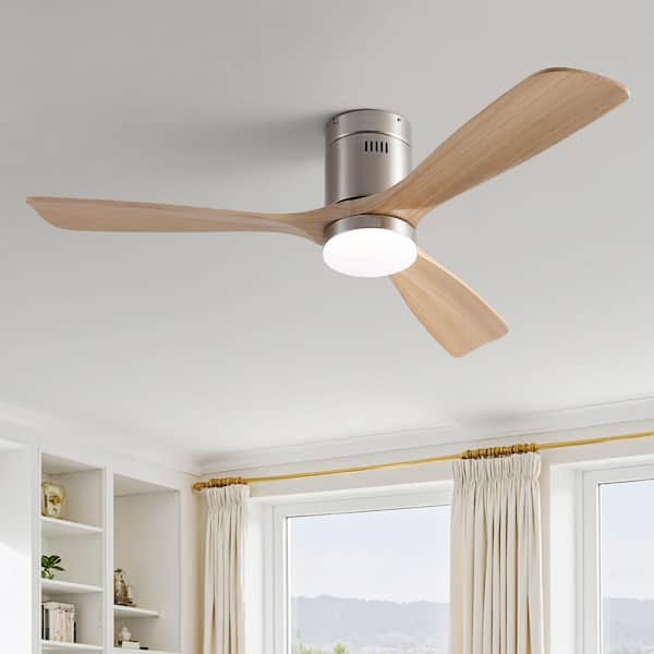 52 in. Indoor Brushed Nickel Low Profile Standard Ceiling Fan with Bright White Integrated LED Light,3 Solid Wood Blades