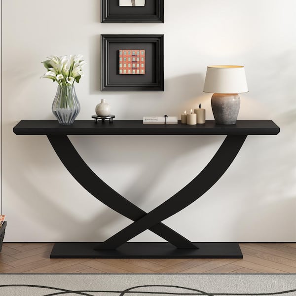 CSC DECOR INC 57 in. L Black Rectangle Wood Console Table,Rustic Entryway Table,Sofa Table Thicken Accent Tables with Cross-Leg Design