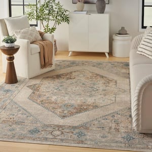 Astra Machine Washable Ivory Blue 9 ft. x 12 ft. Center medallion Traditional Area Rug