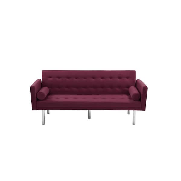 VERYKE 68.5 in. Red Velvet 3-Adjustable Backrest Sofa Bed Sleeper with 2-Long Pillows