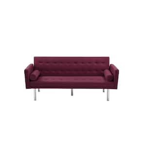 68.5 in Wide Square Arm Modern Velvet Accent Straight Sleeper Sofa With Metal Silver Leg For Living Room in Red Wine