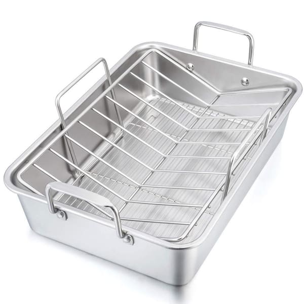 3-Piece 16 in. Roaster Roasting Pan with Baking Rack and V-shaped Rack, Rectangular Lasagna Pan with Handles, Silver