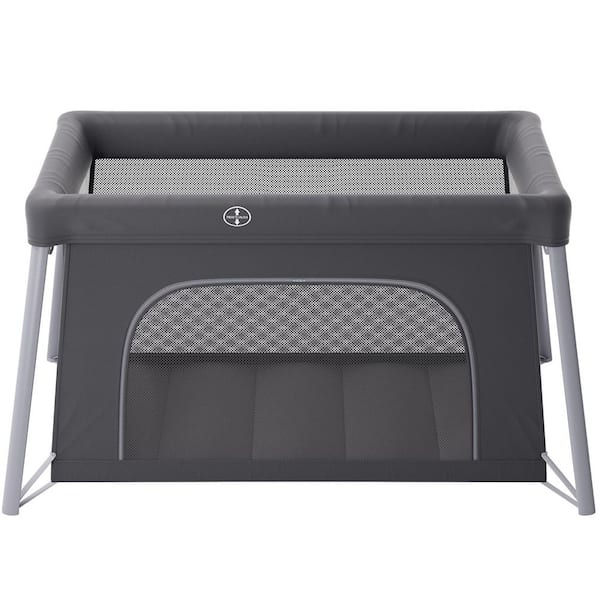 Baby Travel Crib and Play Yard, Folding Baby Playpen with Zipper Gate & Soft Mattress, Light Gray Portable Toddler Crib