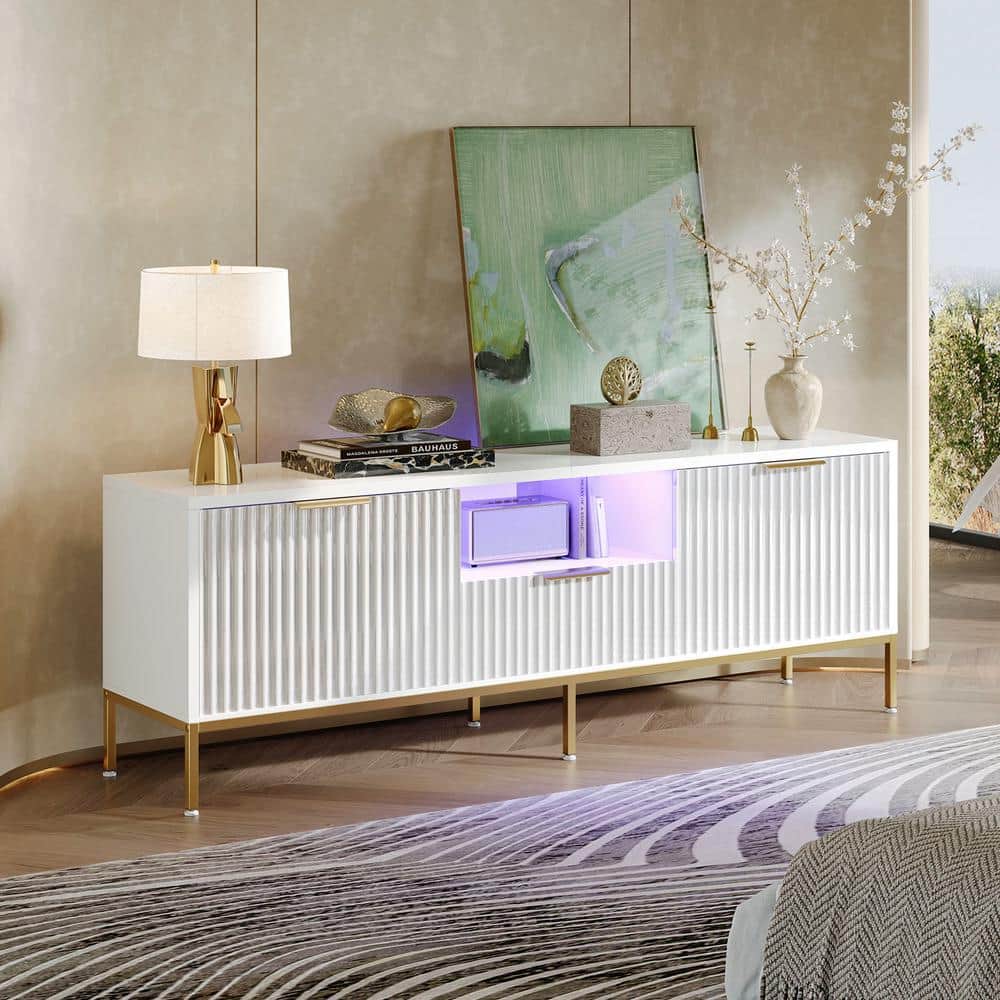 White and Gold 55 Inch TV Stand with Drawer and Cabinet
