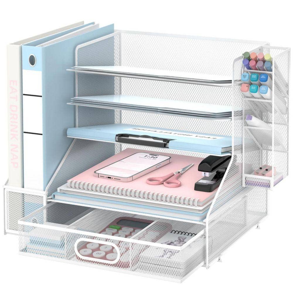 12.9 in x 15.62 in 5 Tier Desk Organizer with File Holder, Mesh Paper Letter Tray and 3 Tilted File Sorter, White