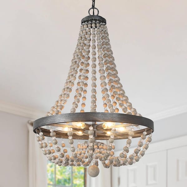 Farmhouse Brushed Black Crystal Beaded Chandelier 6-Light Wood Island Basket Pendant Lighting for Dining Room