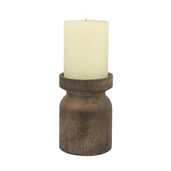 Stonebriar Collection 5 in. Brown Rustic Wood and Metal Pillar Candle Holder