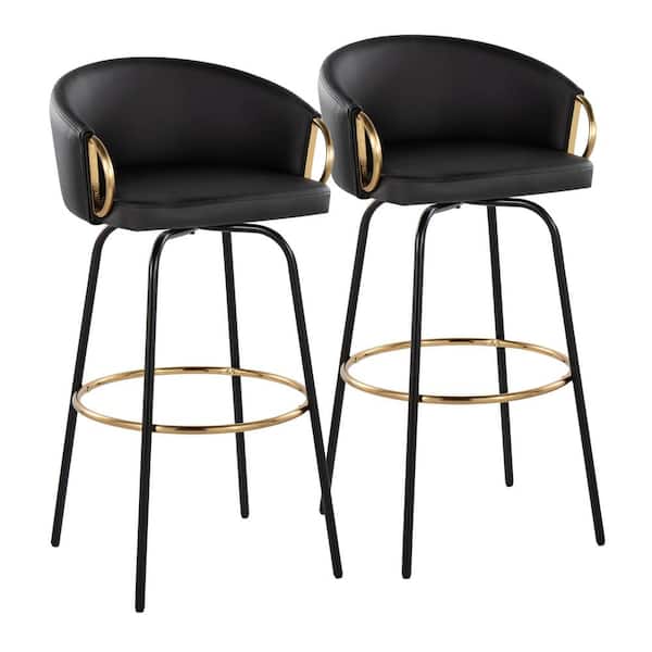 LumiSource Claire 29.5 in. Black Faux Leather and Black and Gold Metal Fixed-Height Bar Stool with Gold Footrest (Set of 2)