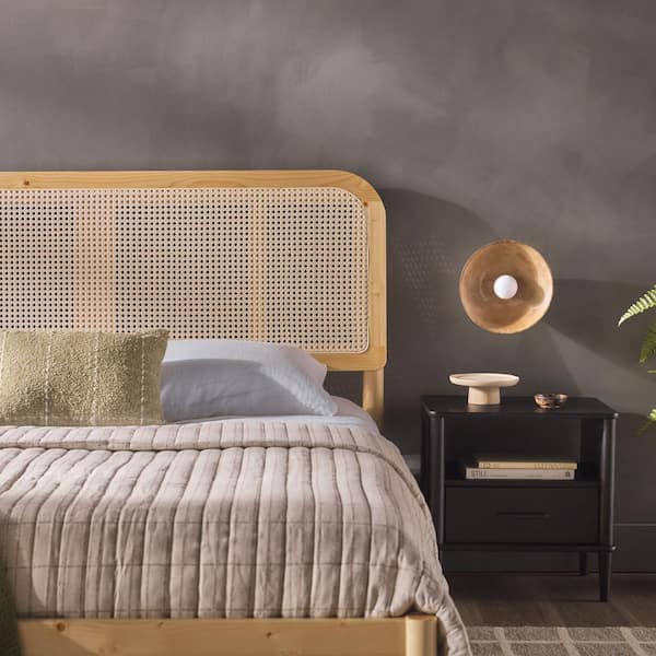 Boho Beige Solid Wood Frame Queen Platform Bed with Rattan Headboard Insert