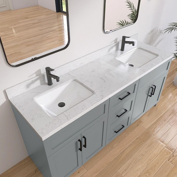 Etyi 66 in. W x 22 in. D Engineered Stone Vanity Top Rectangular Double Sink Bathroom Vanity Top in Carrara White