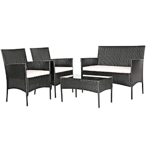 4-Piece Wicker Patio Conversation Seating Set with Tempered Glass Coffee Table and White Cushions