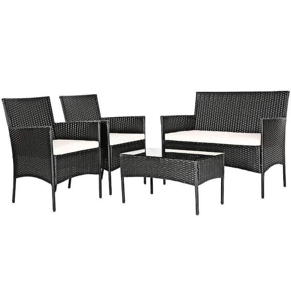 Alpulon 4-Piece Wicker Patio Conversation Seating Set with Tempered Glass Coffee Table and White Cushions