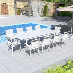 White 11-Piece Aluminum Rectangle Outdoor Dining Table Set with Extension