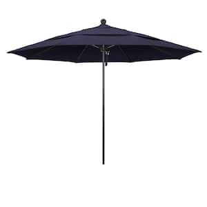 11 ft. Bronze Aluminum Commercial Market Patio Umbrella with Fiberglass Ribs and Pulley Lift in Navy Blue Sunbrella