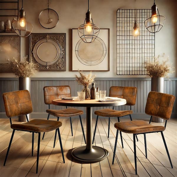 POMONA Upholstered Vintage Camel Faux Suede Dining Chairs with Black Metal Legs, Curved Back, for Dining (Set of 4)
