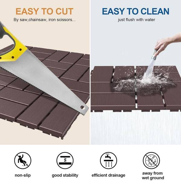 Afoxsos 12 ft. x 12 ft. Plastic Interlocking Deck Tiles Waterproof in Dark Brown (9 Per Pack)