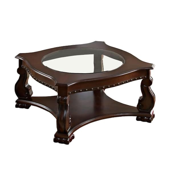 Benjara 38 in. Brown and Clear Round Glass Top Coffee Table