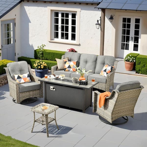 Eureka 5-Piece Wicker Patio Conversation Sofa Seating Set with Metal Fire Pit Table and Dark Gray Cushions