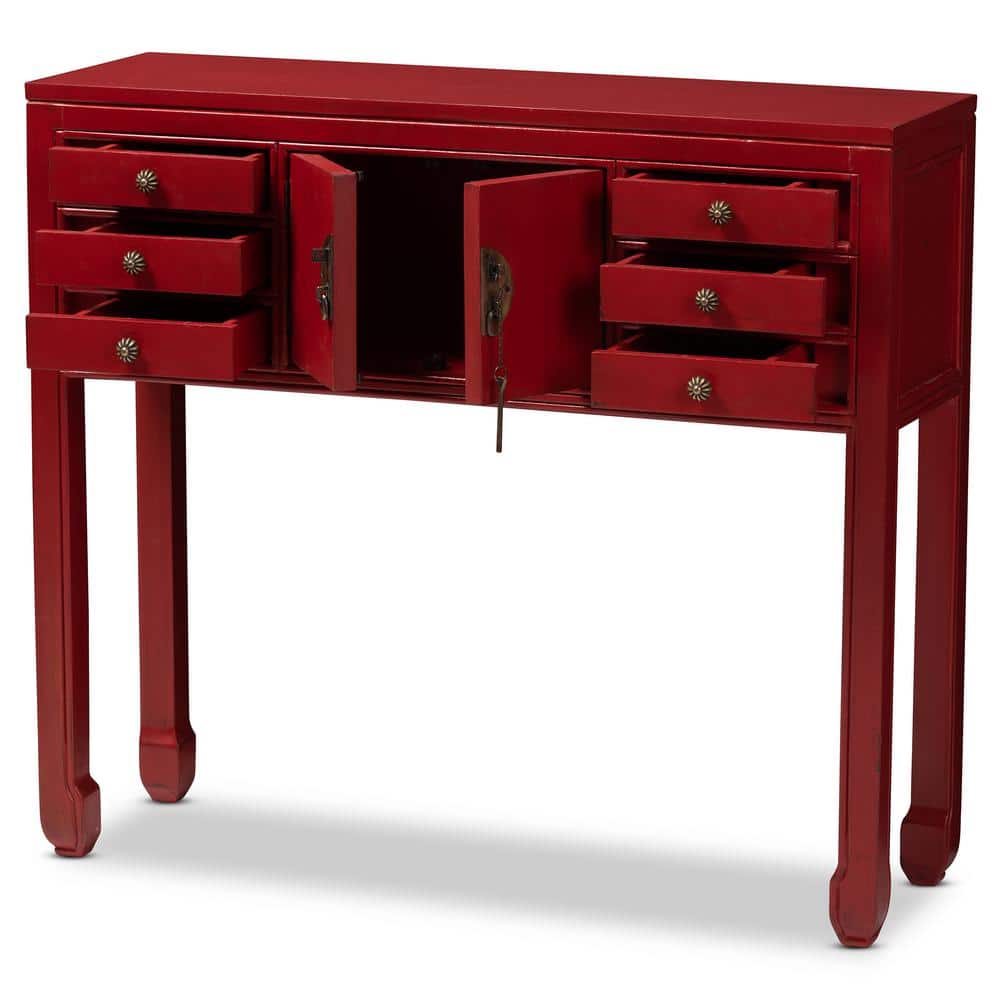 Antique Red Bayur Wood Console Table with Bronze Accents and Storage
