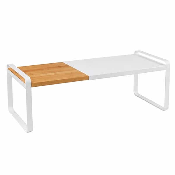 Expandable Two Shelf Bamboo and White Metal Counter Organizer Spice Rack with Anti Slip Legs for Kitchen Storage