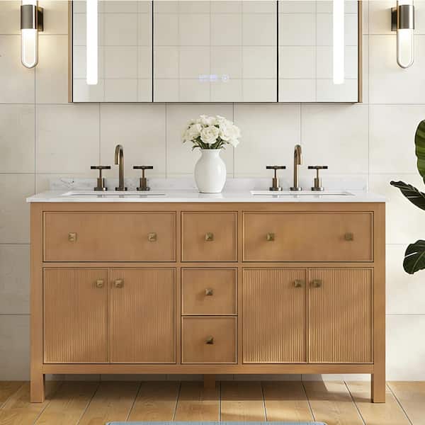60 in. Double Sink Freestanding Weathered Tan Bath Vanity with White Engineered Stone Top and Backsplash (Assembled)