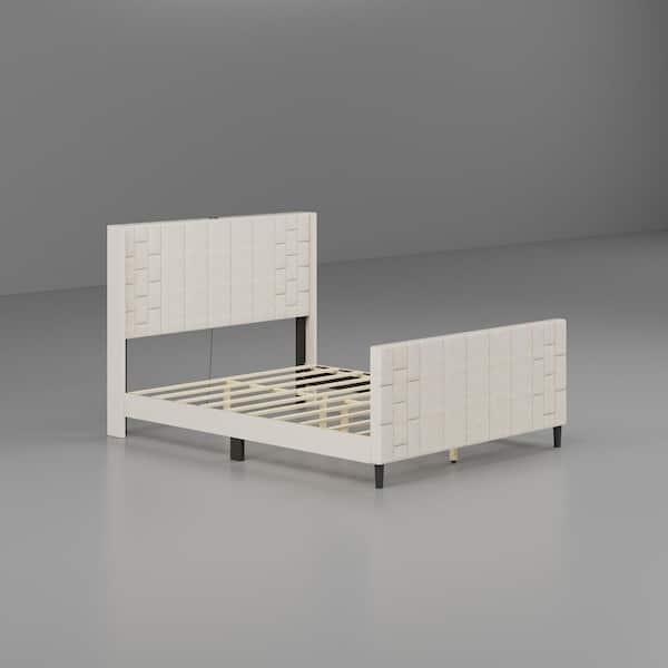 Beige White Wood Frame Queen Size Platform Bed, Panel Bed with Fabric Frame and USB Interface