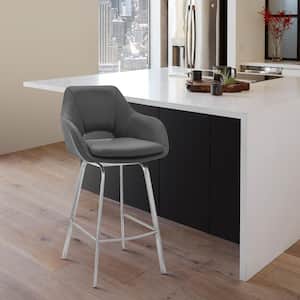 Aura 26 in. Gray/Brushed Stainless Steel Low Back Metal Swivel Counter Stool with Faux Leather Seat