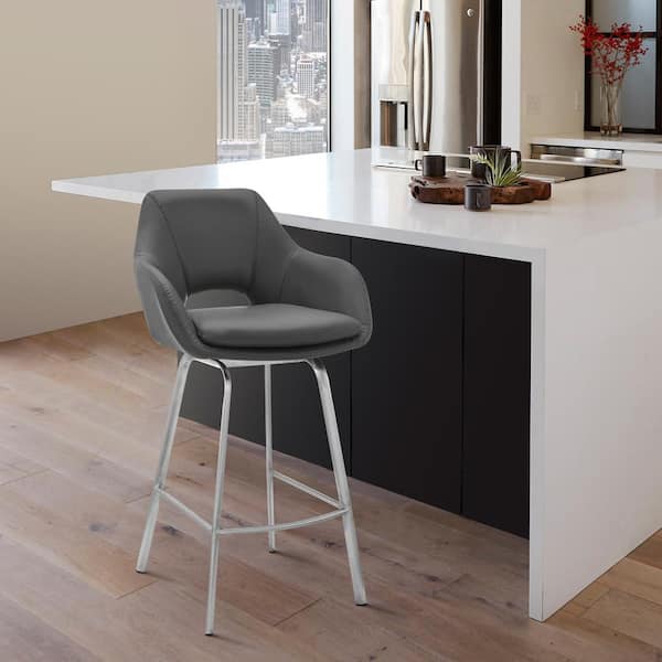 Armen Living Aura 26 in. Gray/Brushed Stainless Steel Low Back Metal Swivel Counter Stool with Faux Leather Seat