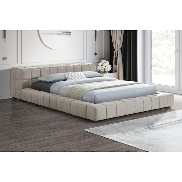 Trinity Brown Light Taupe Wood Frame California King Platform Bed with Rectangular Block Headboard