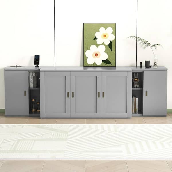 Harper & Bright Designs Gray Wood Frame Queen Size Murphy Bed with Shelves, Cabinets and USB Ports