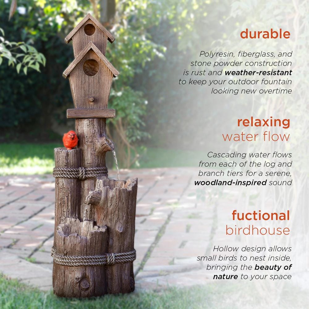 35" Rustic Brown Polyresin Birdhouse Outdoor Fountain