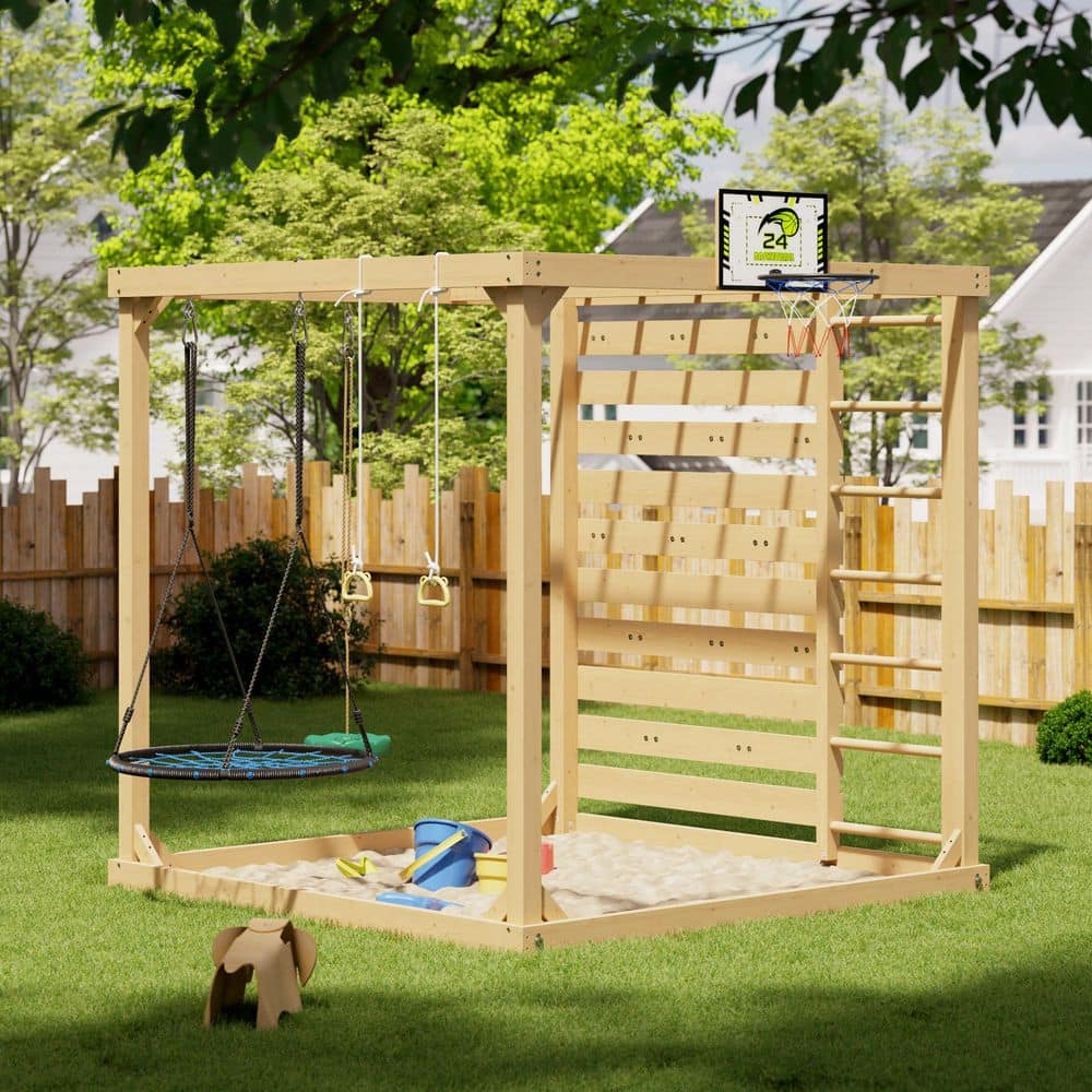 FUFU&GAGA 8-in-1 Cedar Wood Outdoor Playset with Climbing Wall